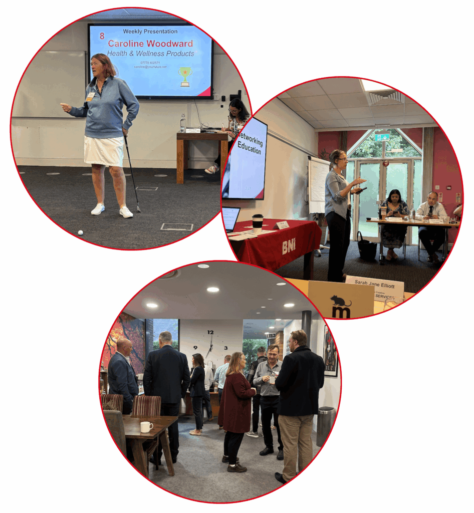 images of bni Intrepid members networking and during feature presentations
