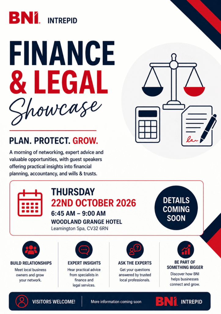 flyer for Finance and Legal showcase morning in Leamington Spa